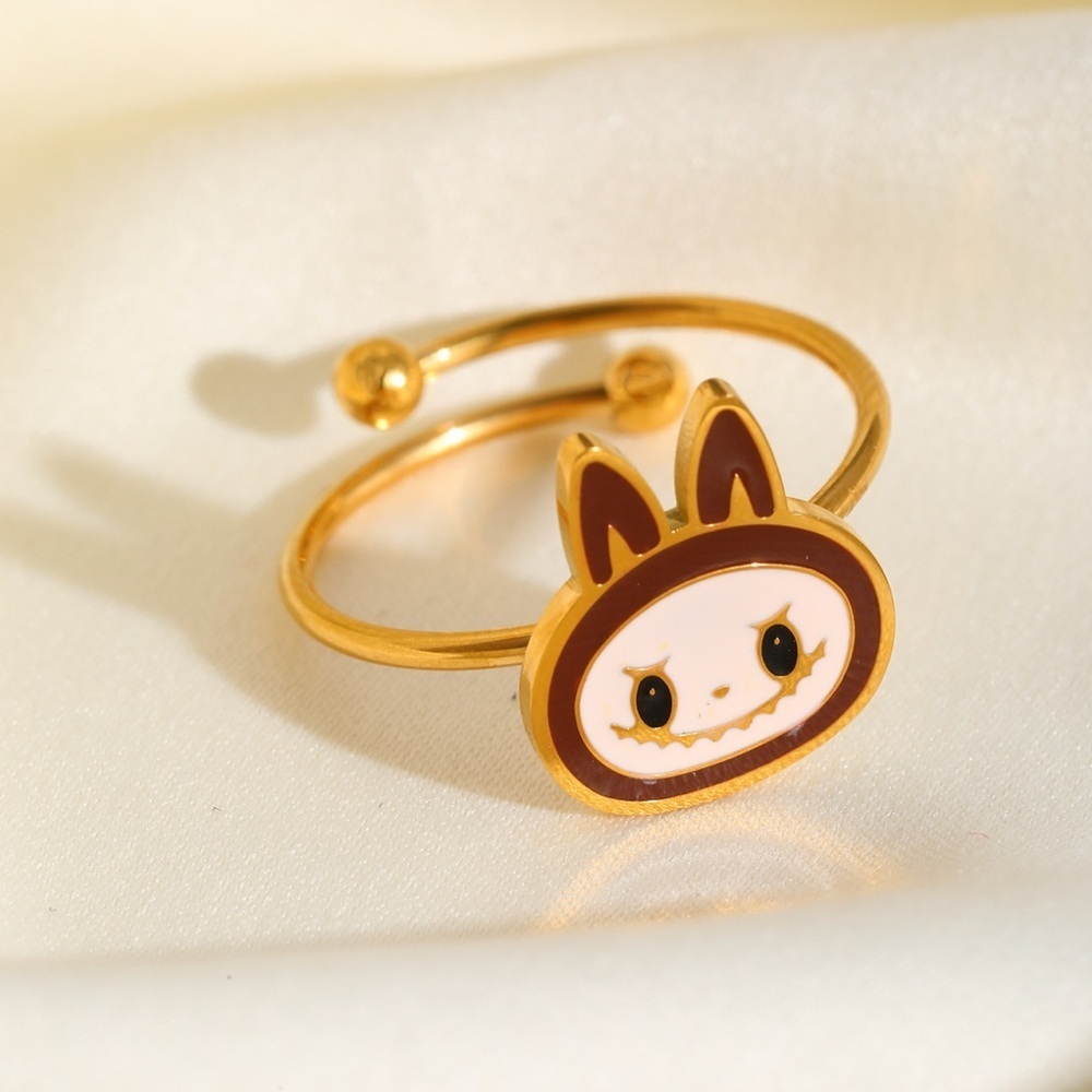 18K Gold Plated Brown Enamel Labubu Theme Ring No Fade Zimomo The Monsters